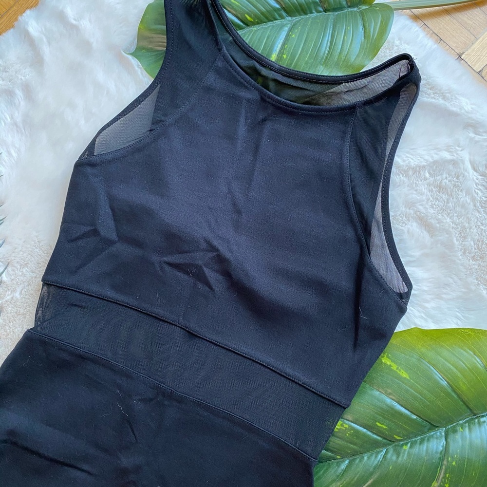 Black mesh panel midi dress